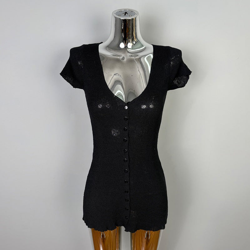 V-Neck Short Single-Breasted Button Short Sleeve Knitted Dress