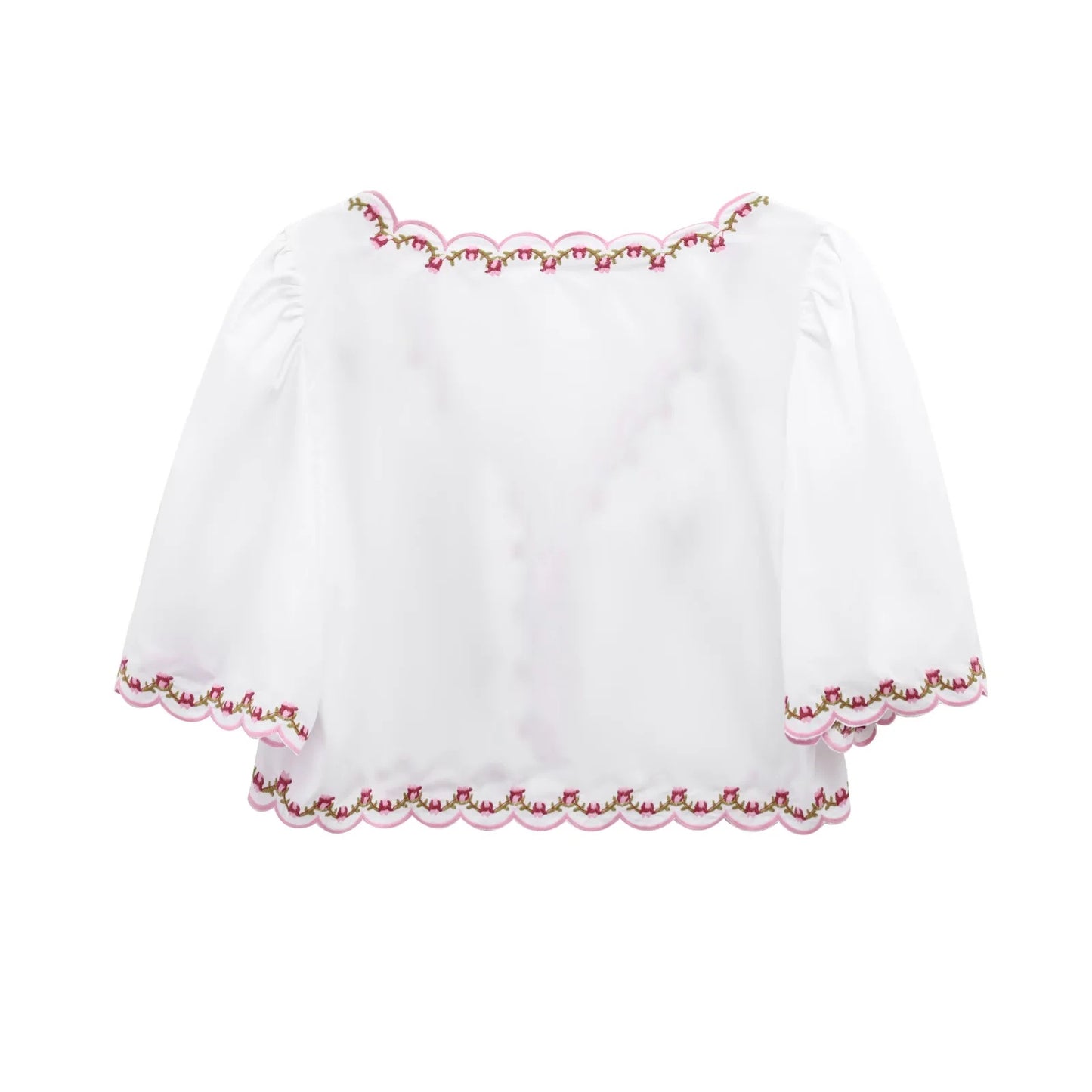 Floral Embroidered Poplin Top Short Sleeve Shirt Top for Women