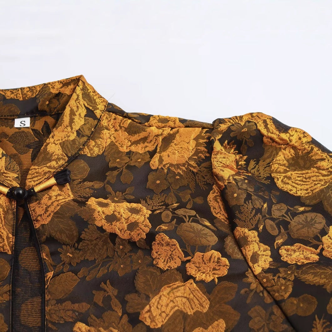 Flip collar bubble sleeve single breasted jacquard shirt top