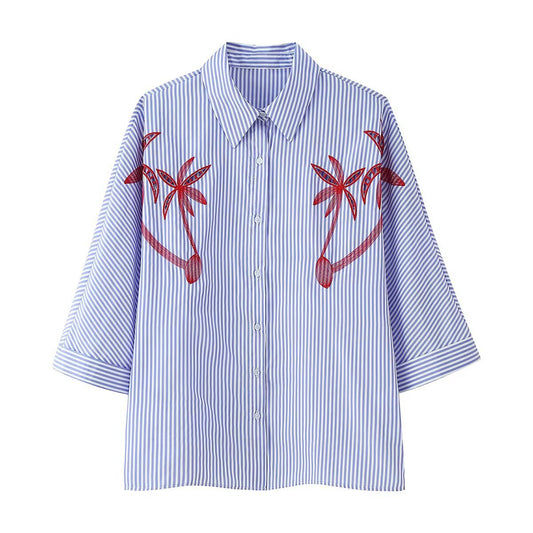 Seven quarter sleeve embroidered hollowed out striped shirt for women