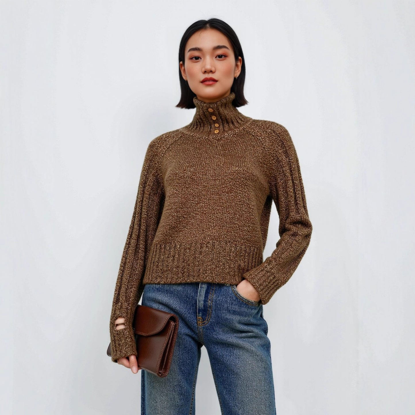 Turtleneck Sweater Women Thickened Turn-down Collar Design Loose Slimming Lazy Style Knitted Base Layer Top