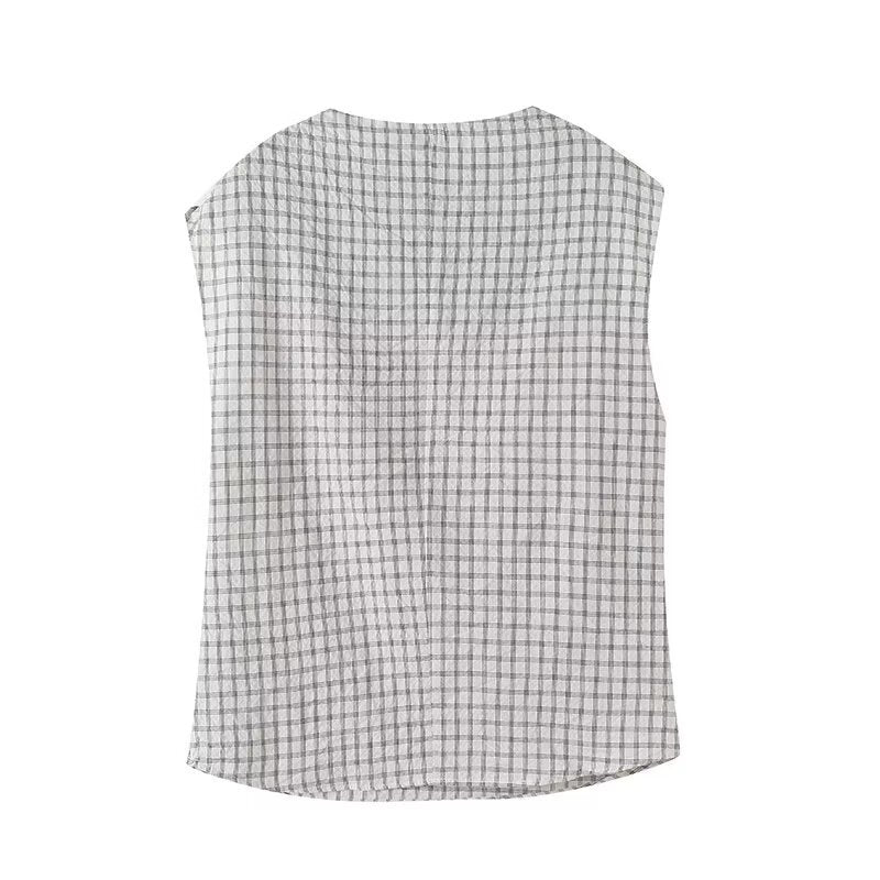 Round neck sleeveless plaid pleated versatile shirt top for women