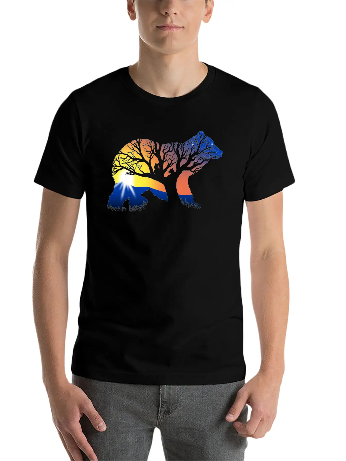 162 Bear Sunrise Essential Cotton Tee For Daily Outfits – Unisex Style