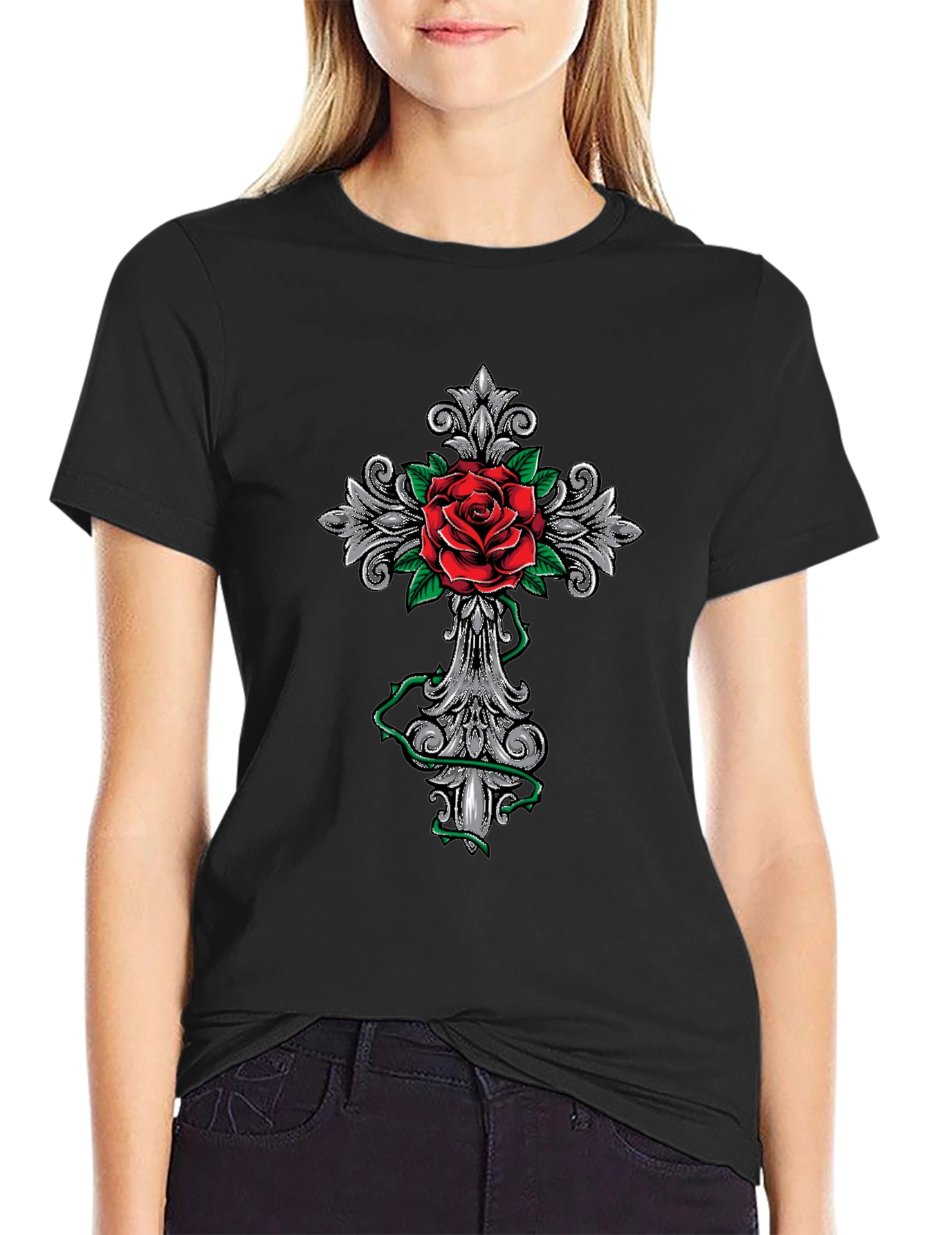 Rose Cross Graphic T-Shirt