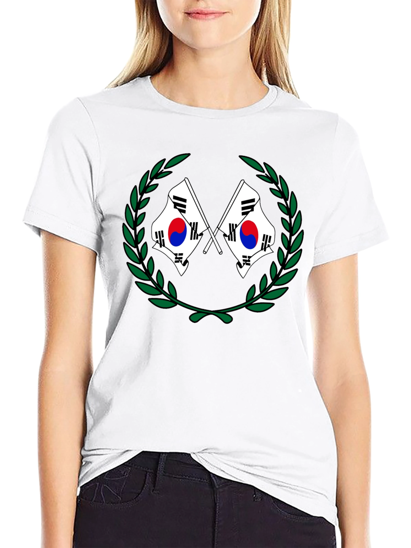 South Korea Flag Laurel Wreath Black T-Shirt