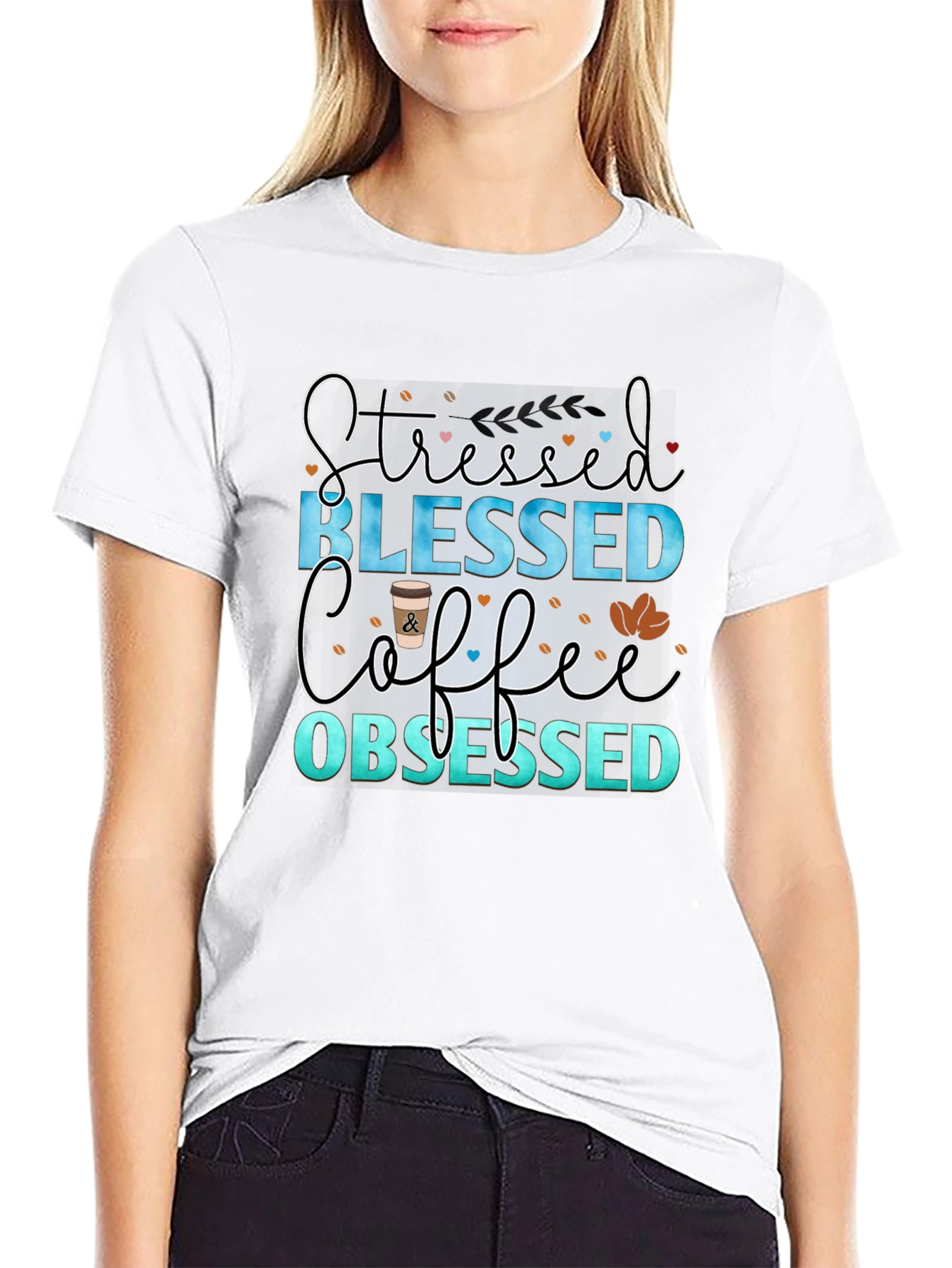 Stressed Blessed Coffee Obsessed Black T-Shirt