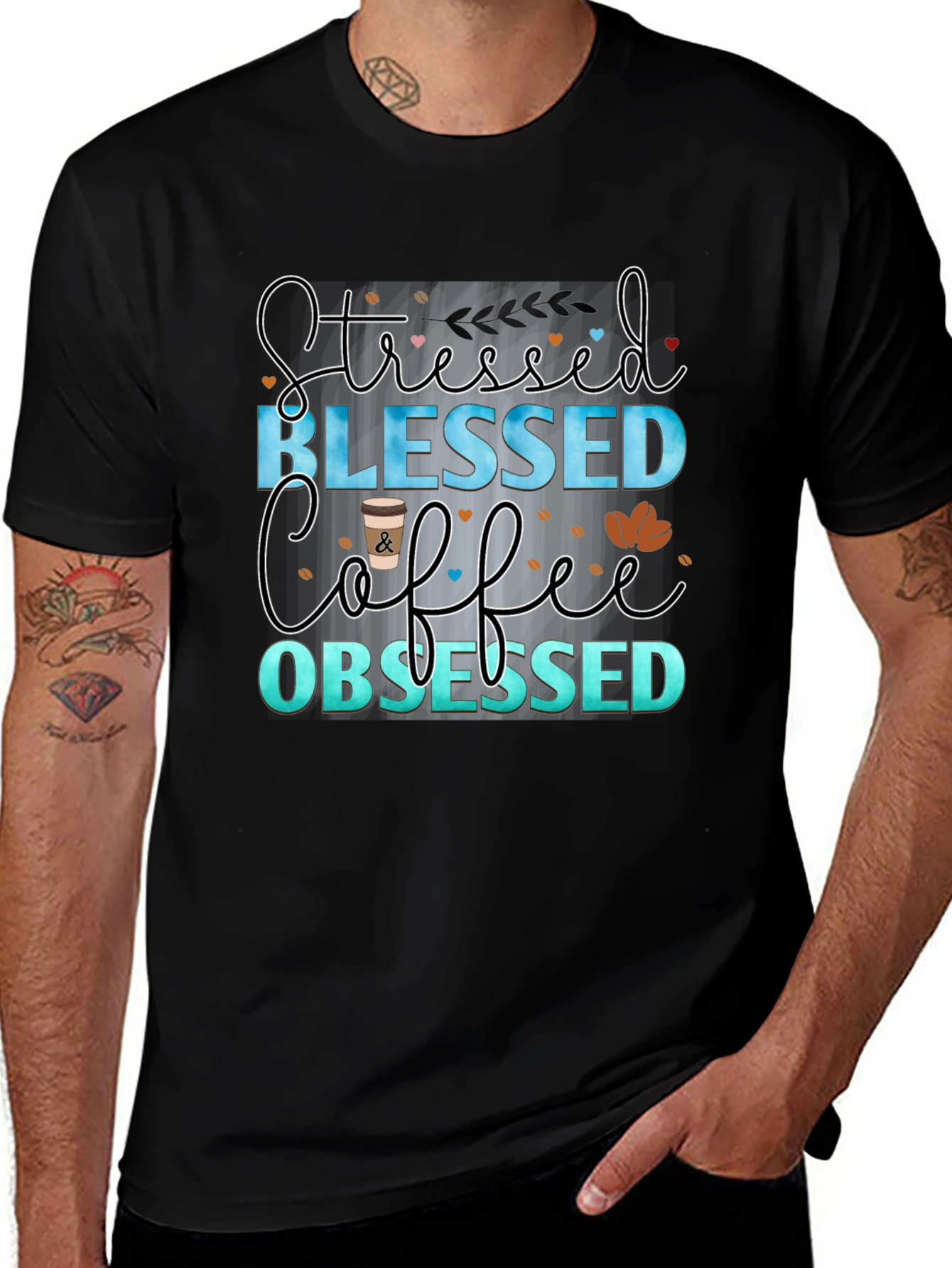 Stressed Blessed Coffee Obsessed Black T-Shirt