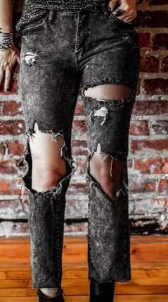 Ripped casual slim straight leg denim cropped pants