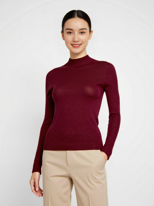 Neck Base Layer Women's Fine-spun Superfine  Pure Wool Thin Fitted Knit Inner Wear Early Autumn Winter Machine Washable