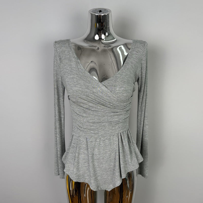 V-neck Waist-cinching Figure-flattering Long-sleeve T-shirt Top