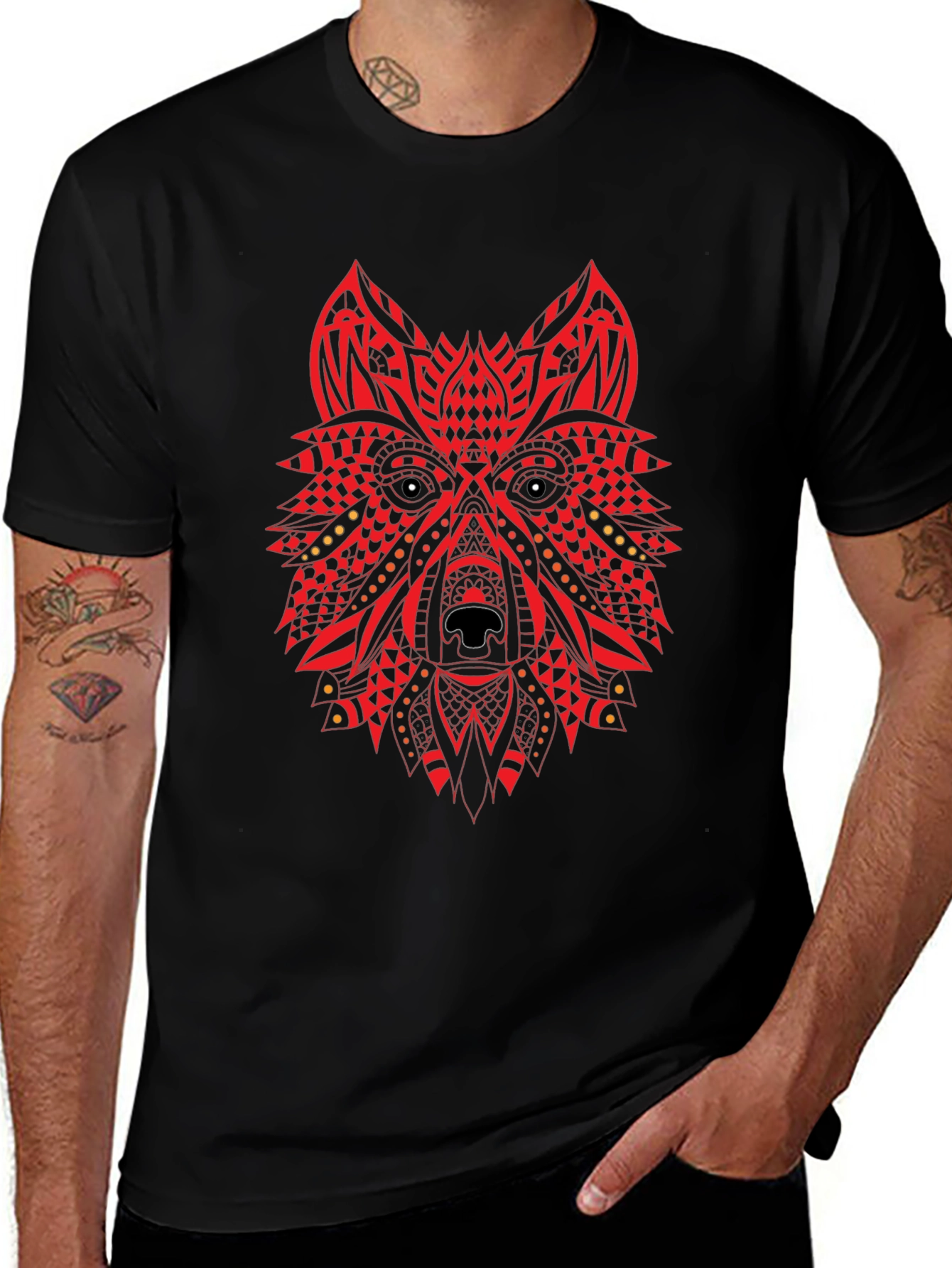Red Tribal Wolf Graphic Black T-Shirt