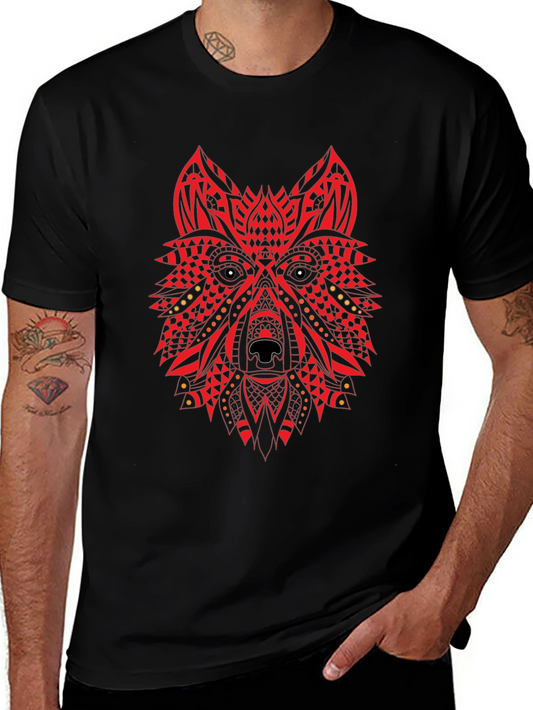 Red Tribal Wolf Graphic Black T-Shirt