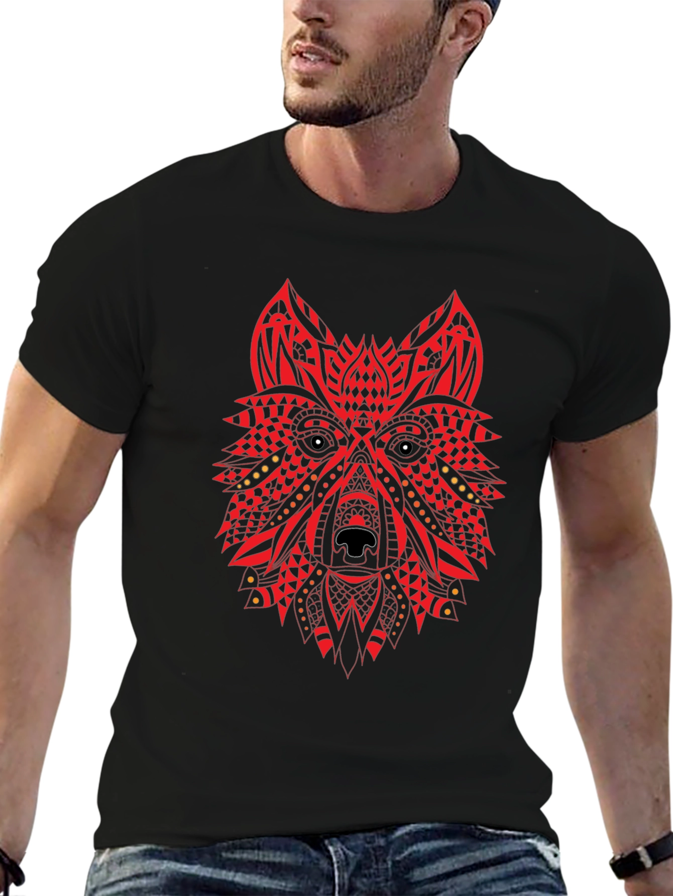 Red Tribal Wolf Graphic Black T-Shirt