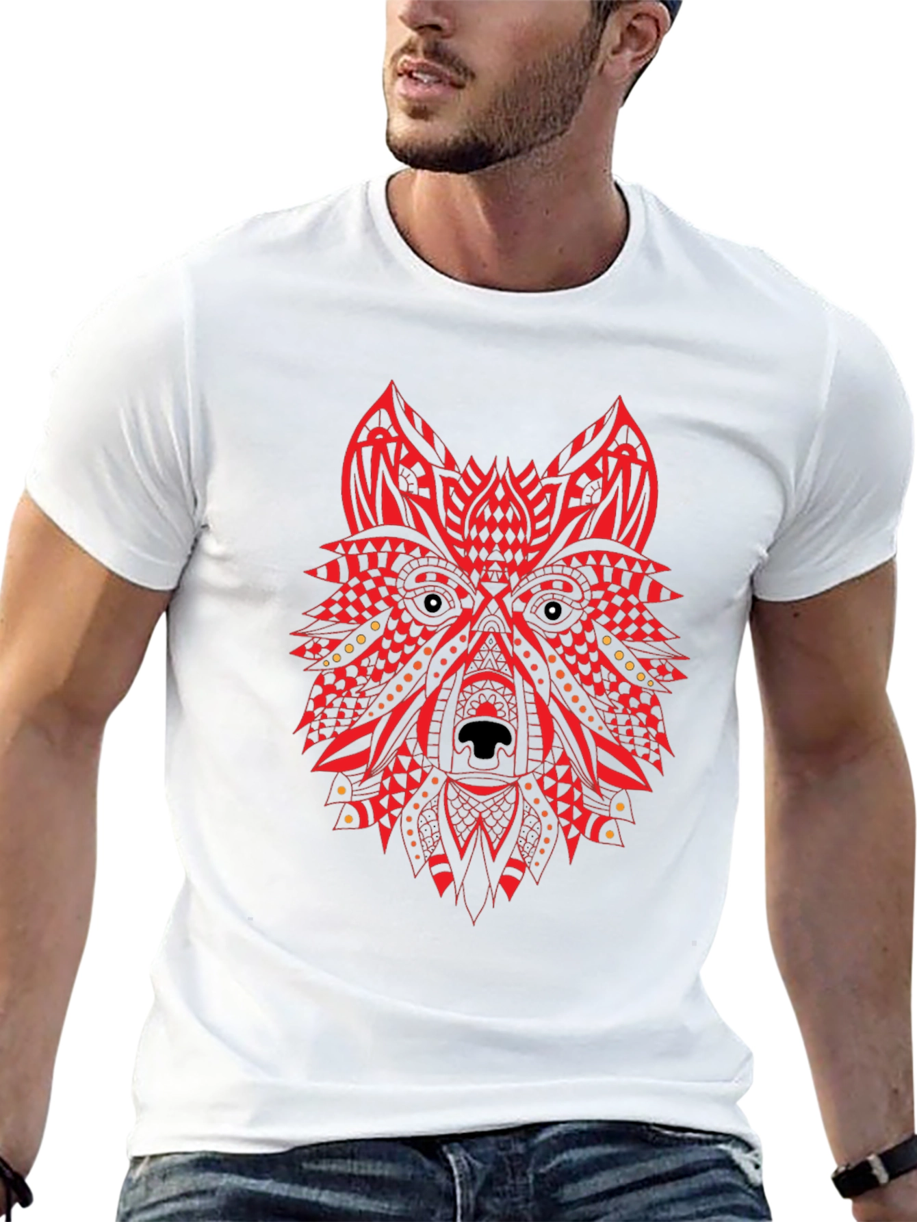 Red Tribal Wolf Graphic Black T-Shirt