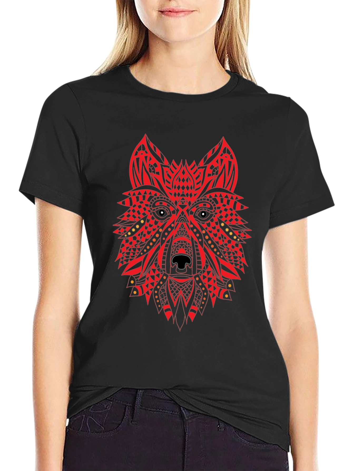 Red Tribal Wolf Graphic Black T-Shirt