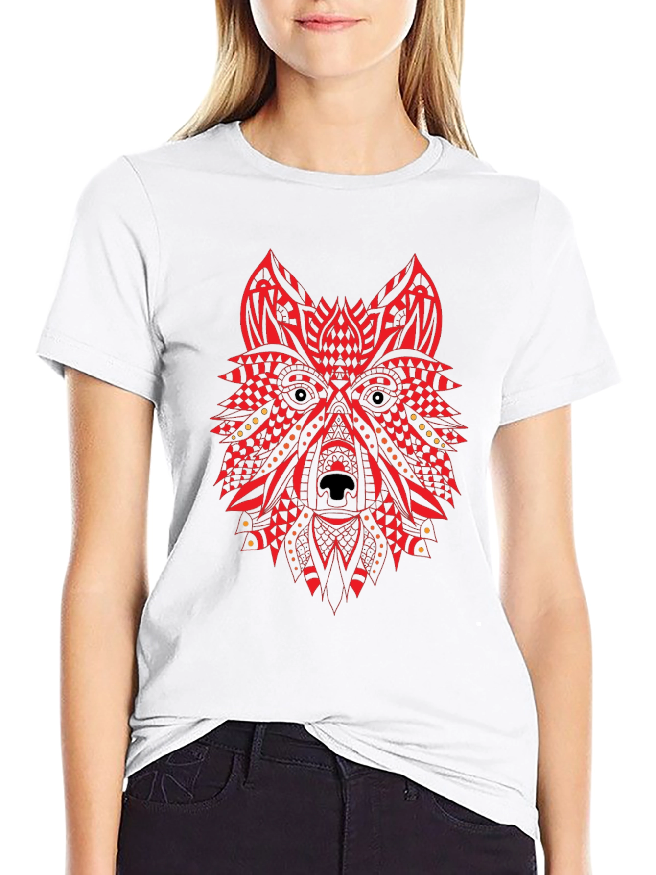 Red Tribal Wolf Graphic Black T-Shirt