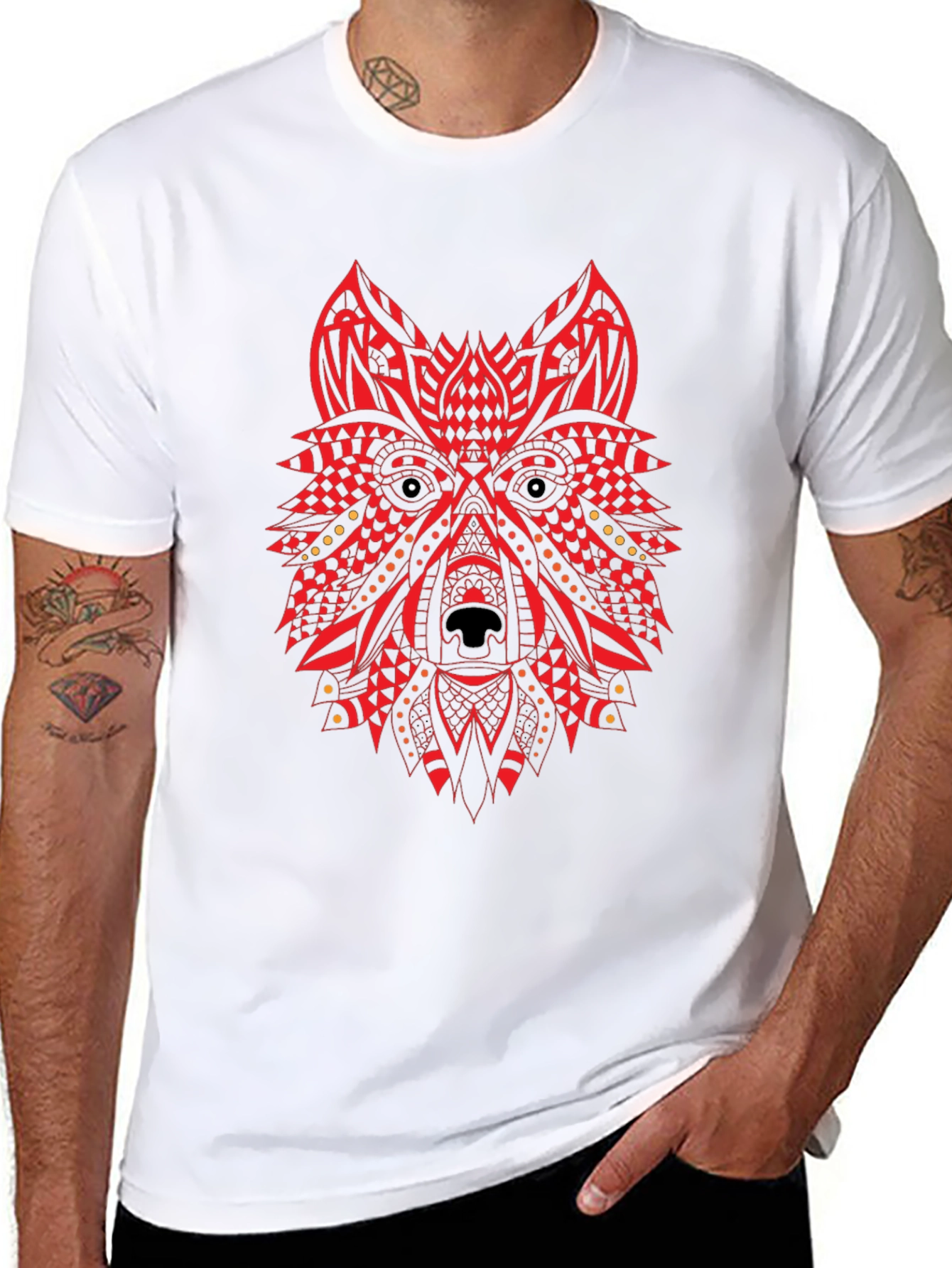 Red Tribal Wolf Graphic Black T-Shirt