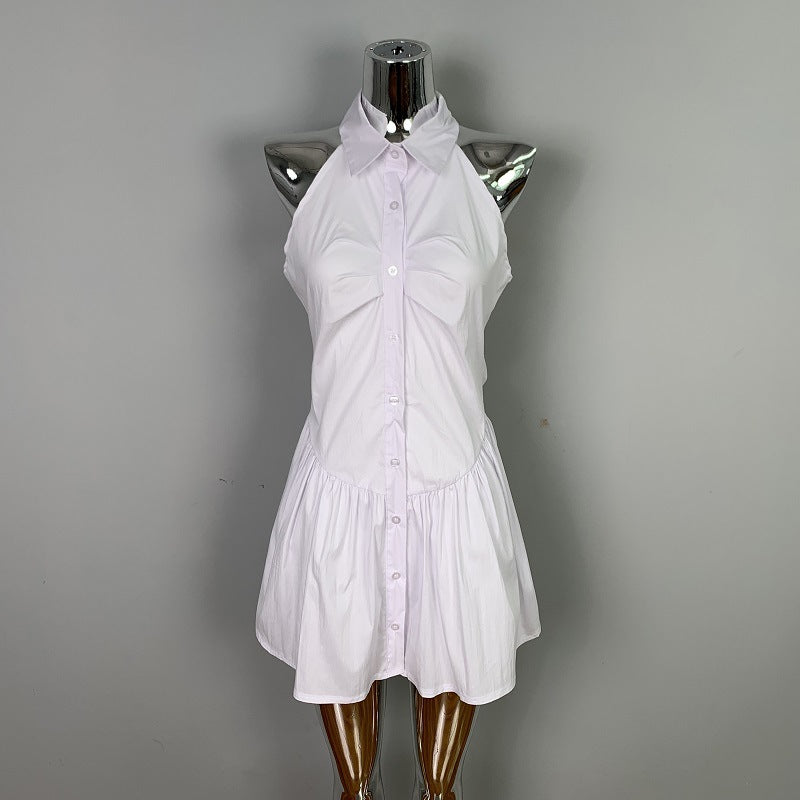 Sexy Waist Pleated Body-Shaping Halter Sleeveless Shirt Dress