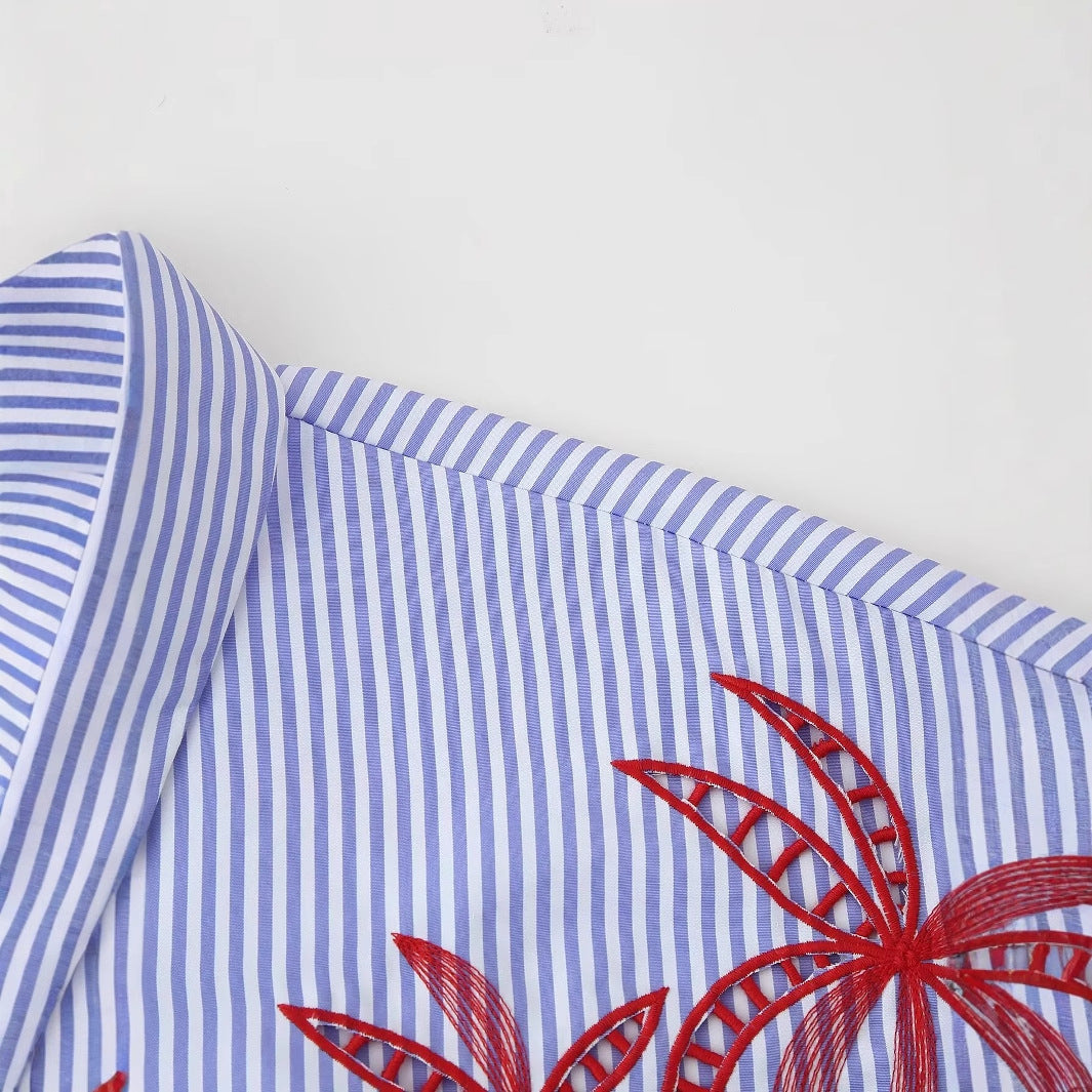 Seven quarter sleeve embroidered hollowed out striped shirt for women