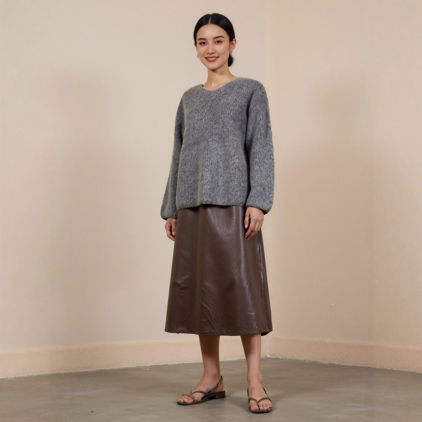 Wool Sweater Women's Fleece Thickened Round Neck Loose Casual Lazy Style Base Layer V-Neck Slimming Sweater