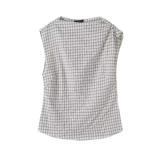 Round neck sleeveless plaid pleated versatile shirt top for women
