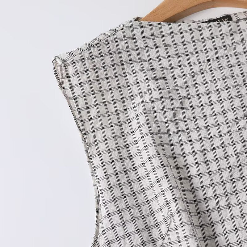 Round neck sleeveless plaid pleated versatile shirt top for women