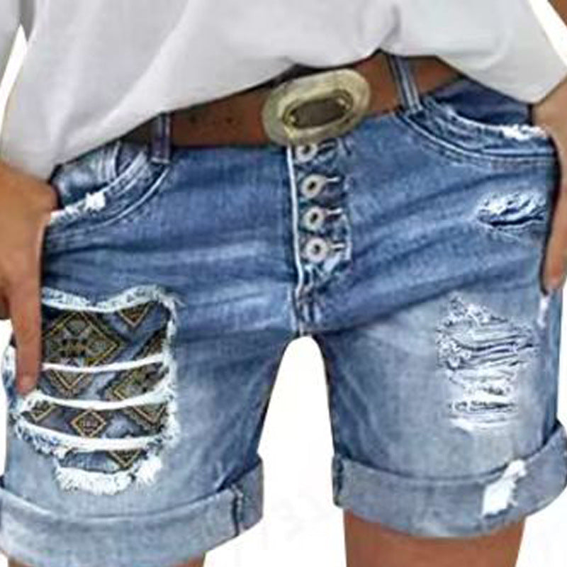 Slim fit single row multi button worn-out rolled denim shorts