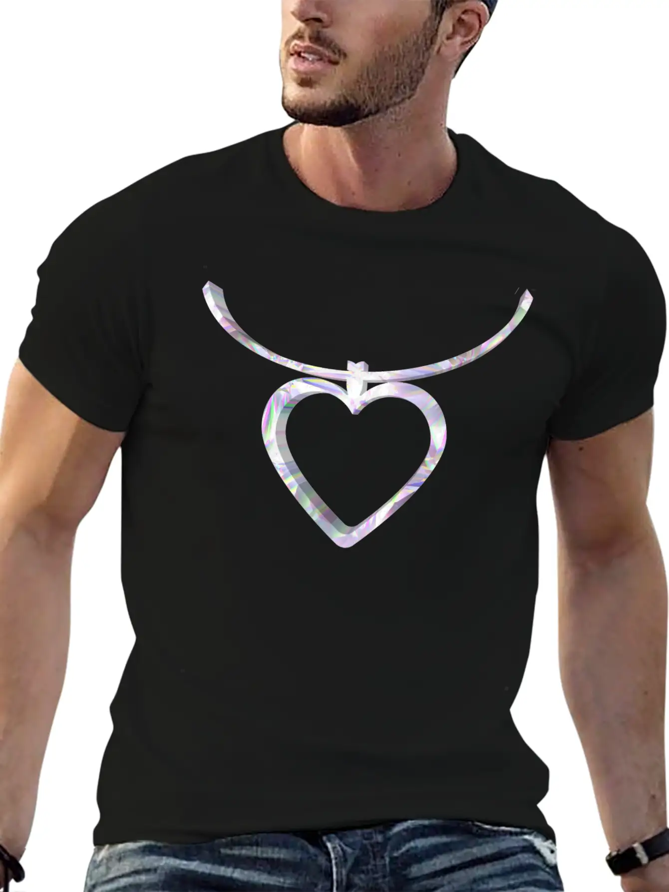 3D Heart Chain Design Comfortable Minimalist Graphic Tee – Summer Style Essential