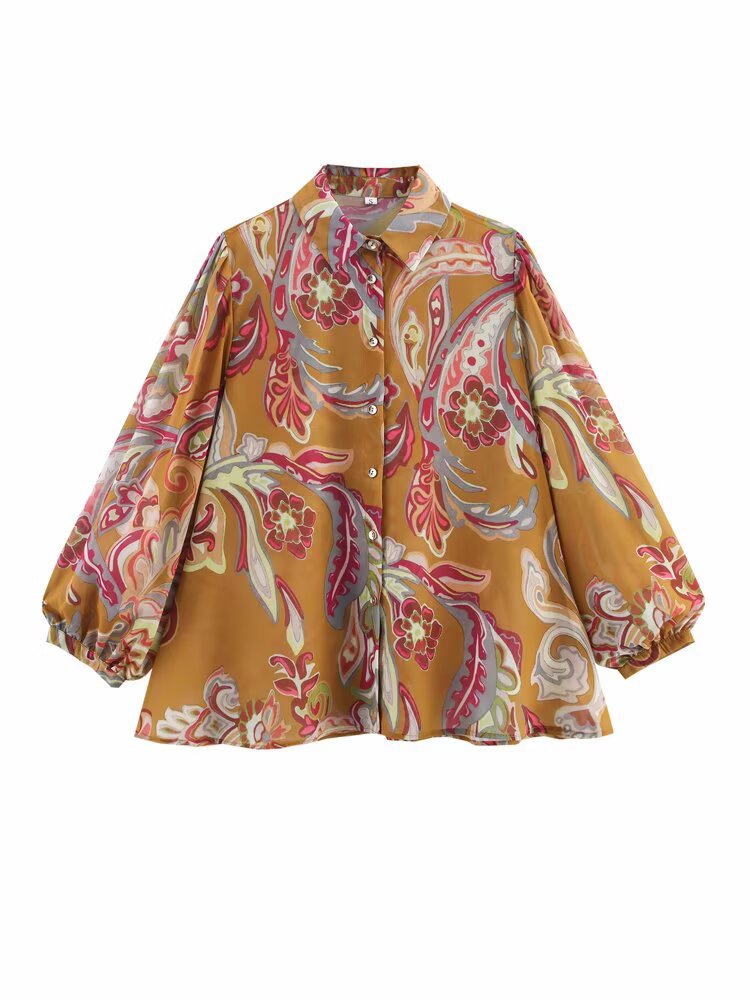 Women's collar long sleeved single breasted printed shirt