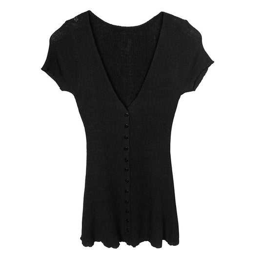 V-Neck Short Single-Breasted Button Short Sleeve Knitted Dress