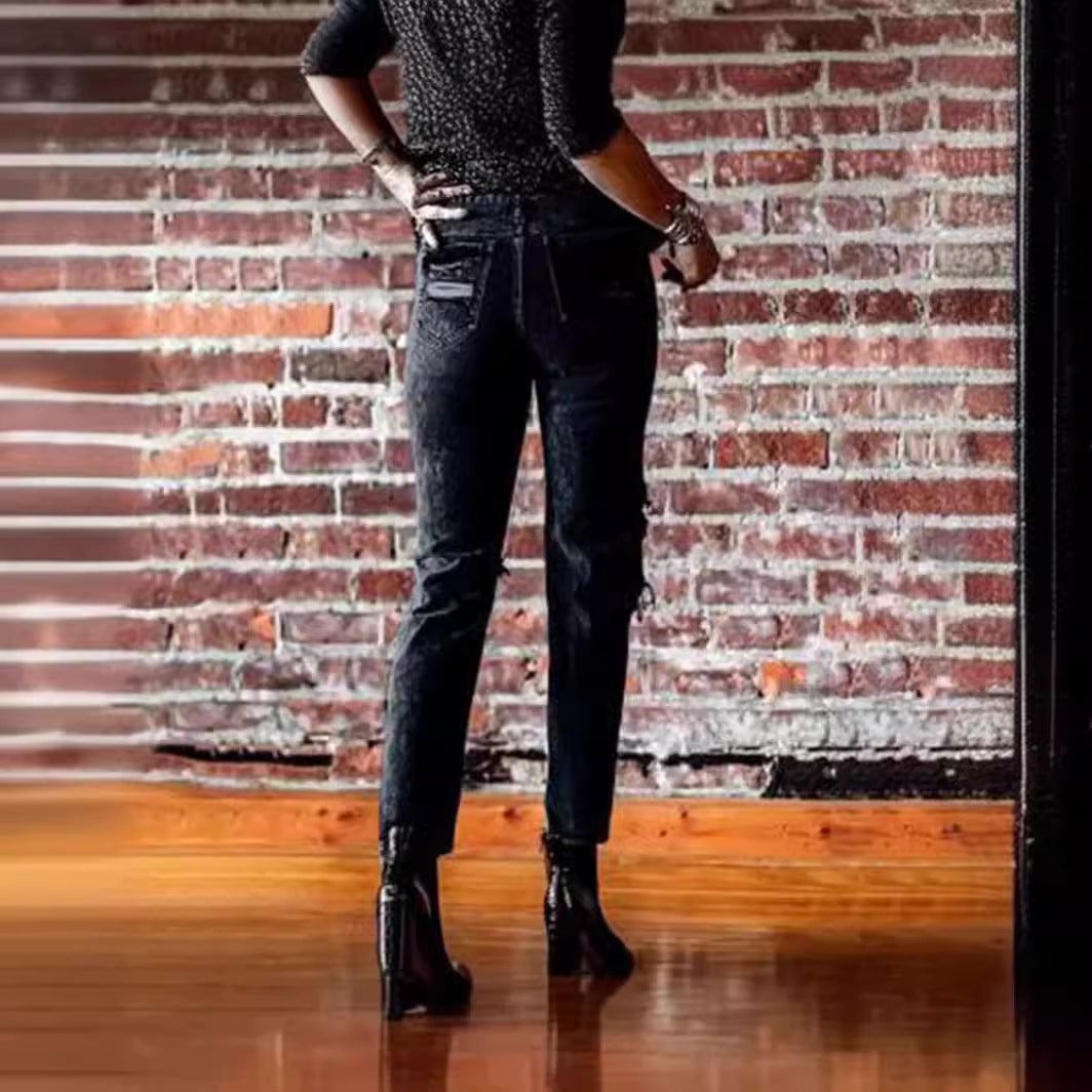 Ripped casual slim straight leg denim cropped pants