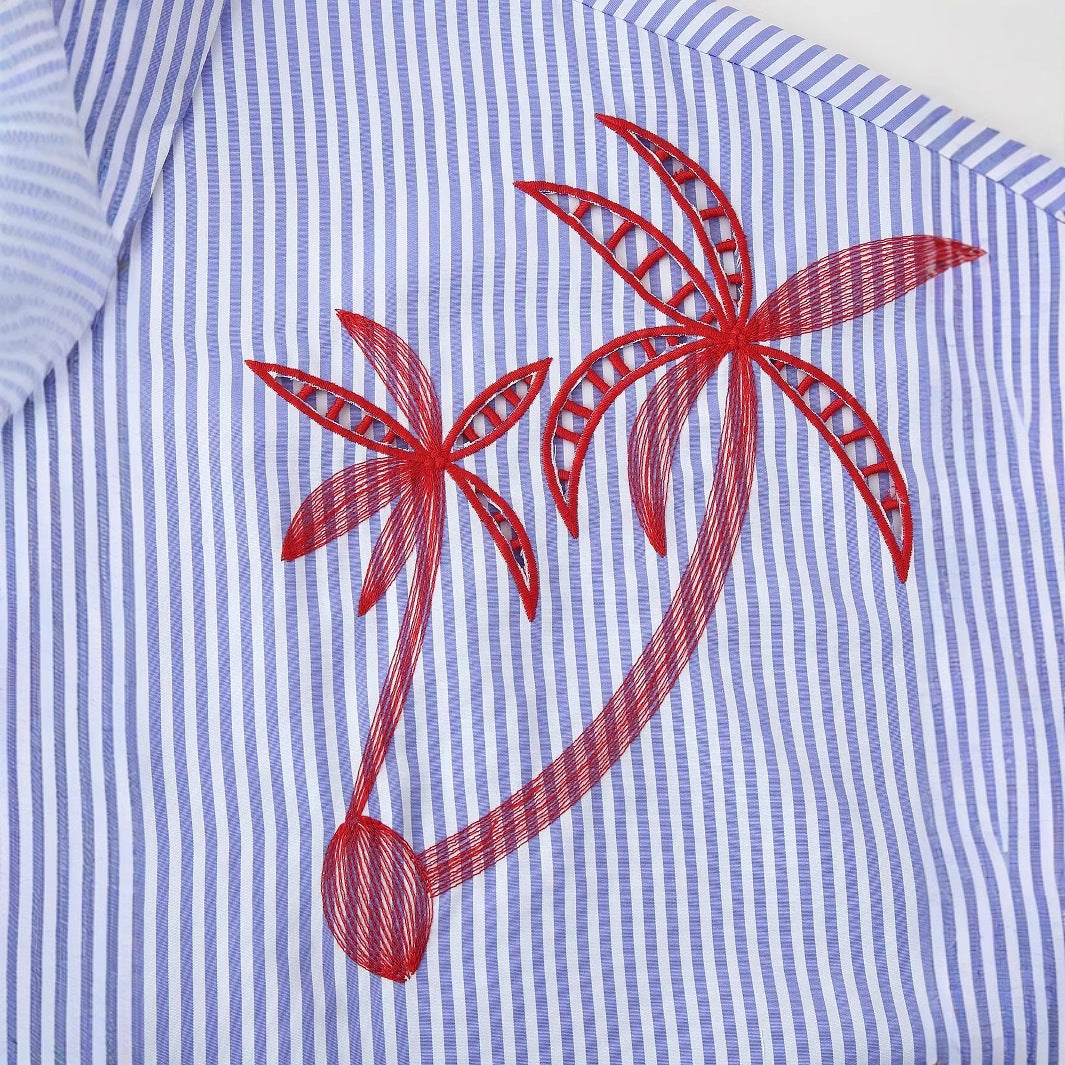 Seven quarter sleeve embroidered hollowed out striped shirt for women