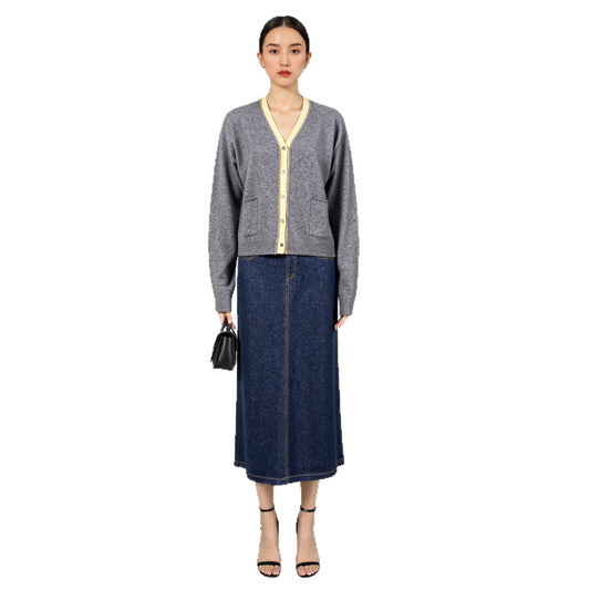 Wool Knit Cardigan Women's Chic Colorblock V-Neck Sweater Coat Loose Top