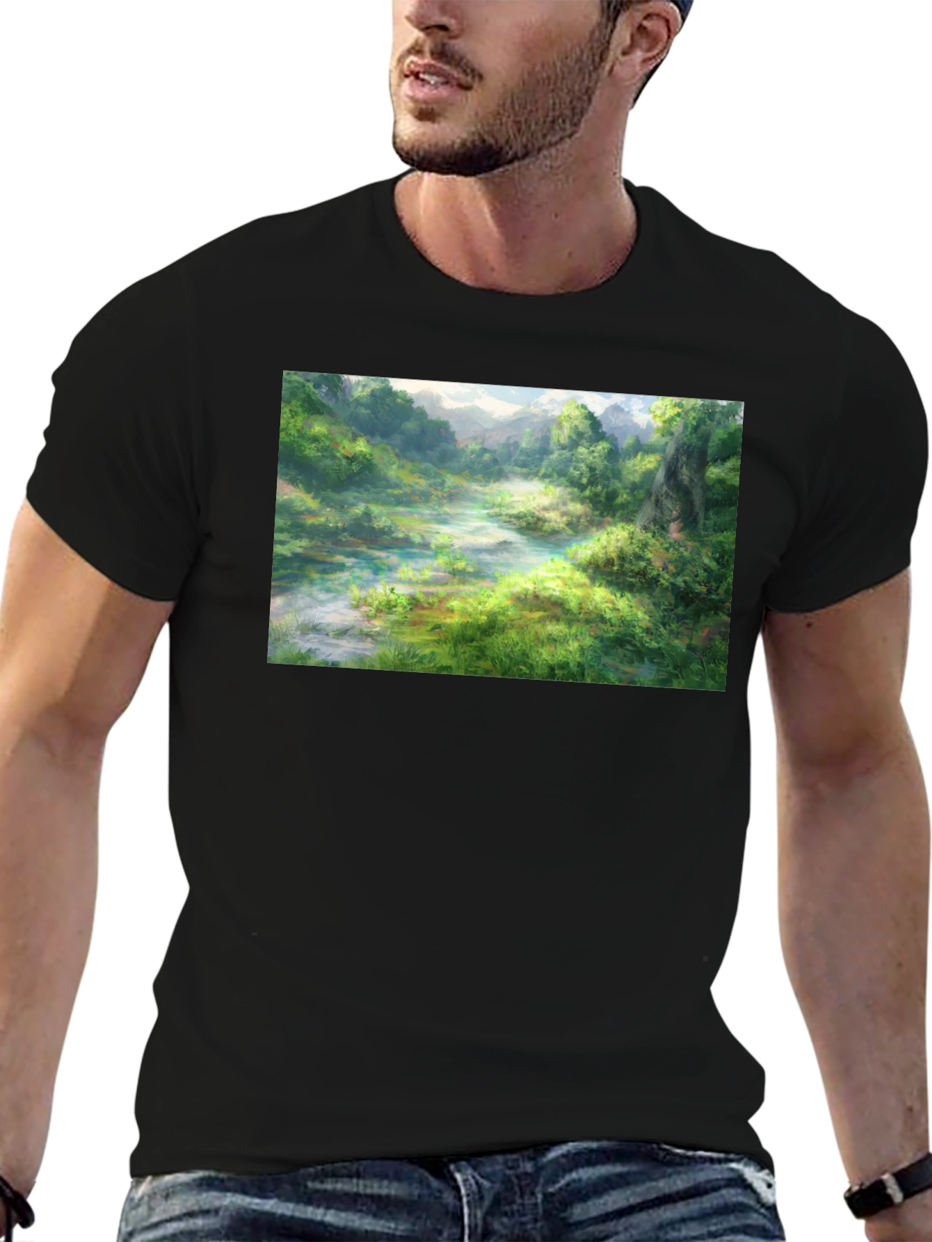 Nature Landscape Graphic Tee - Black Cotton T-Shirt