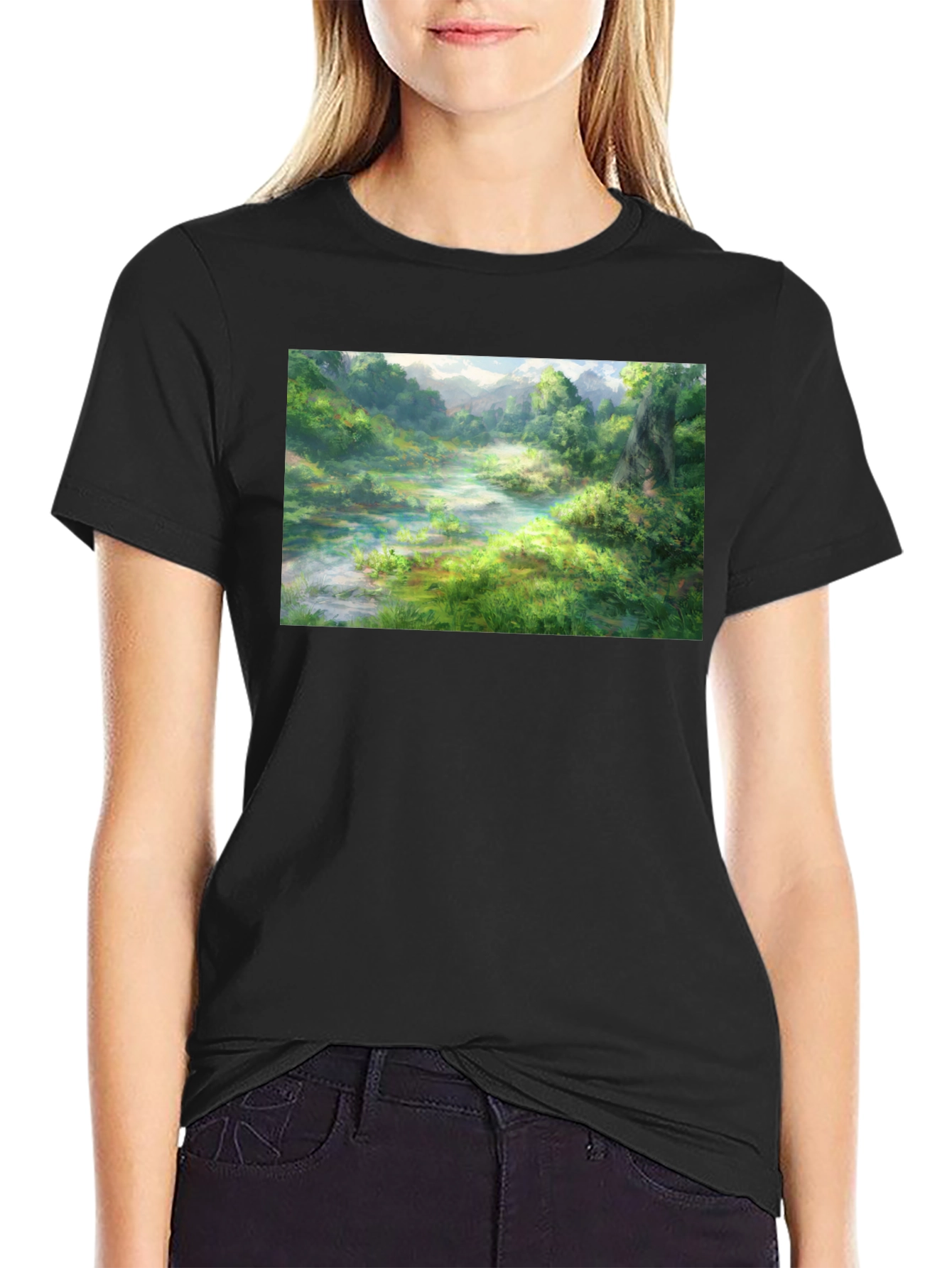 Nature Landscape Graphic Tee - Black Cotton T-Shirt