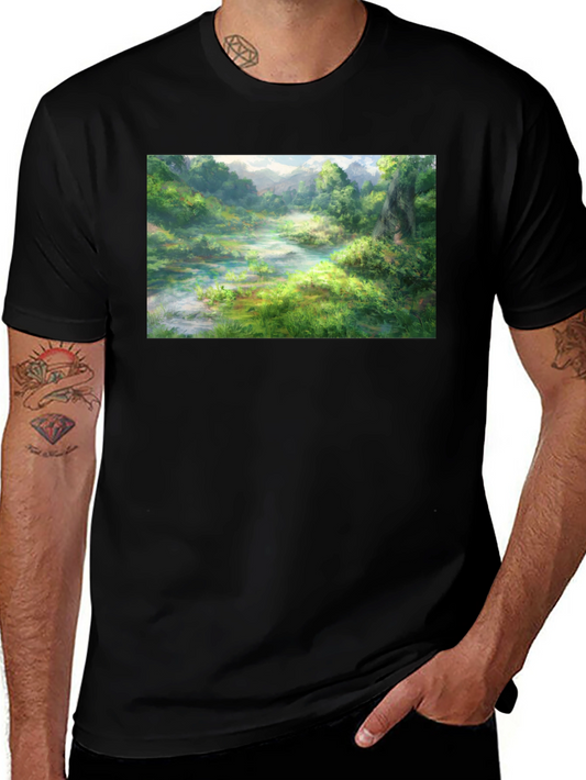 Nature Landscape Graphic Tee - Black Cotton T-Shirt