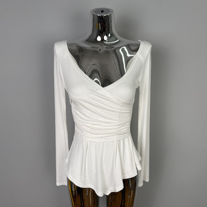 V-neck Waist-cinching Figure-flattering Long-sleeve T-shirt Top