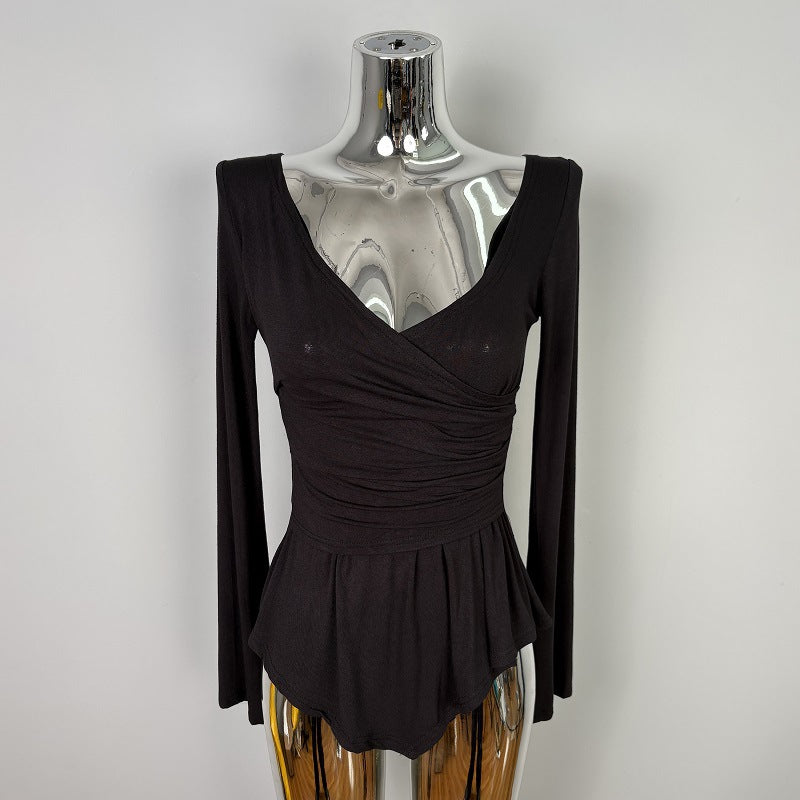 V-neck Waist-cinching Figure-flattering Long-sleeve T-shirt Top