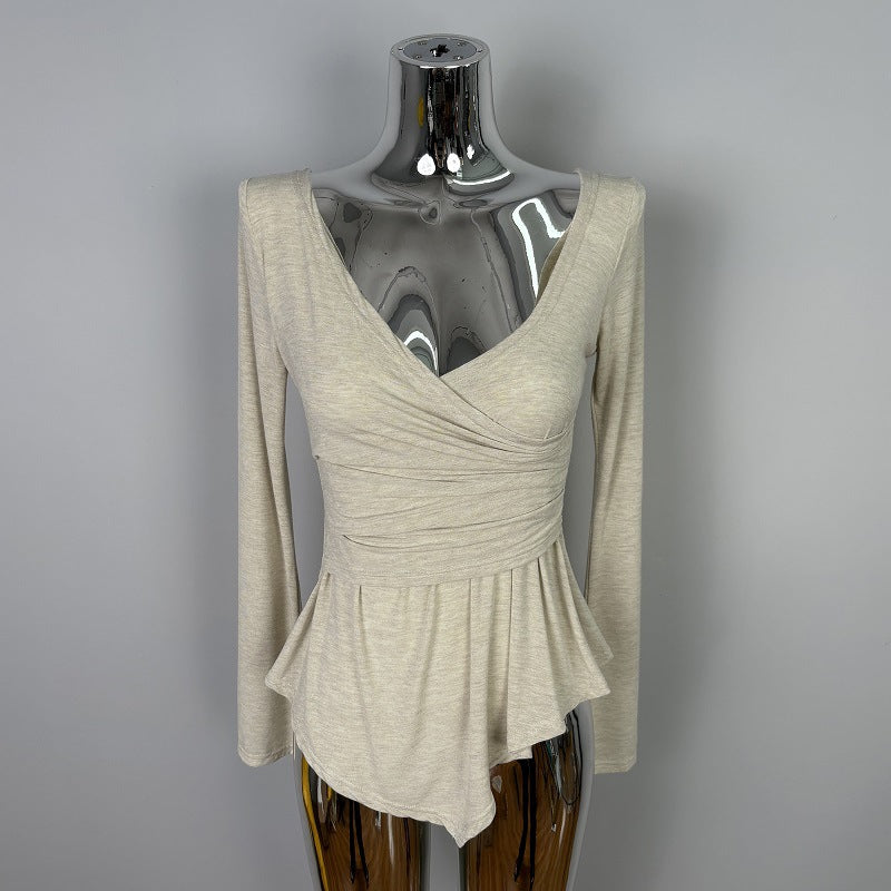 V-neck Waist-cinching Figure-flattering Long-sleeve T-shirt Top