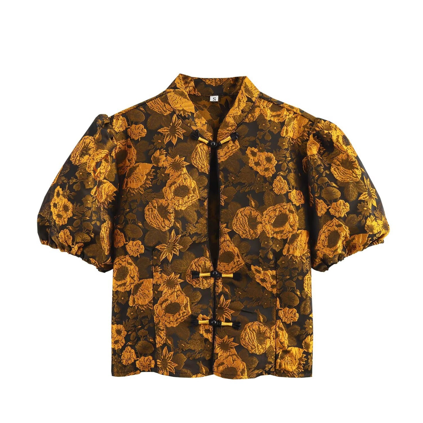 Flip collar bubble sleeve single breasted jacquard shirt top
