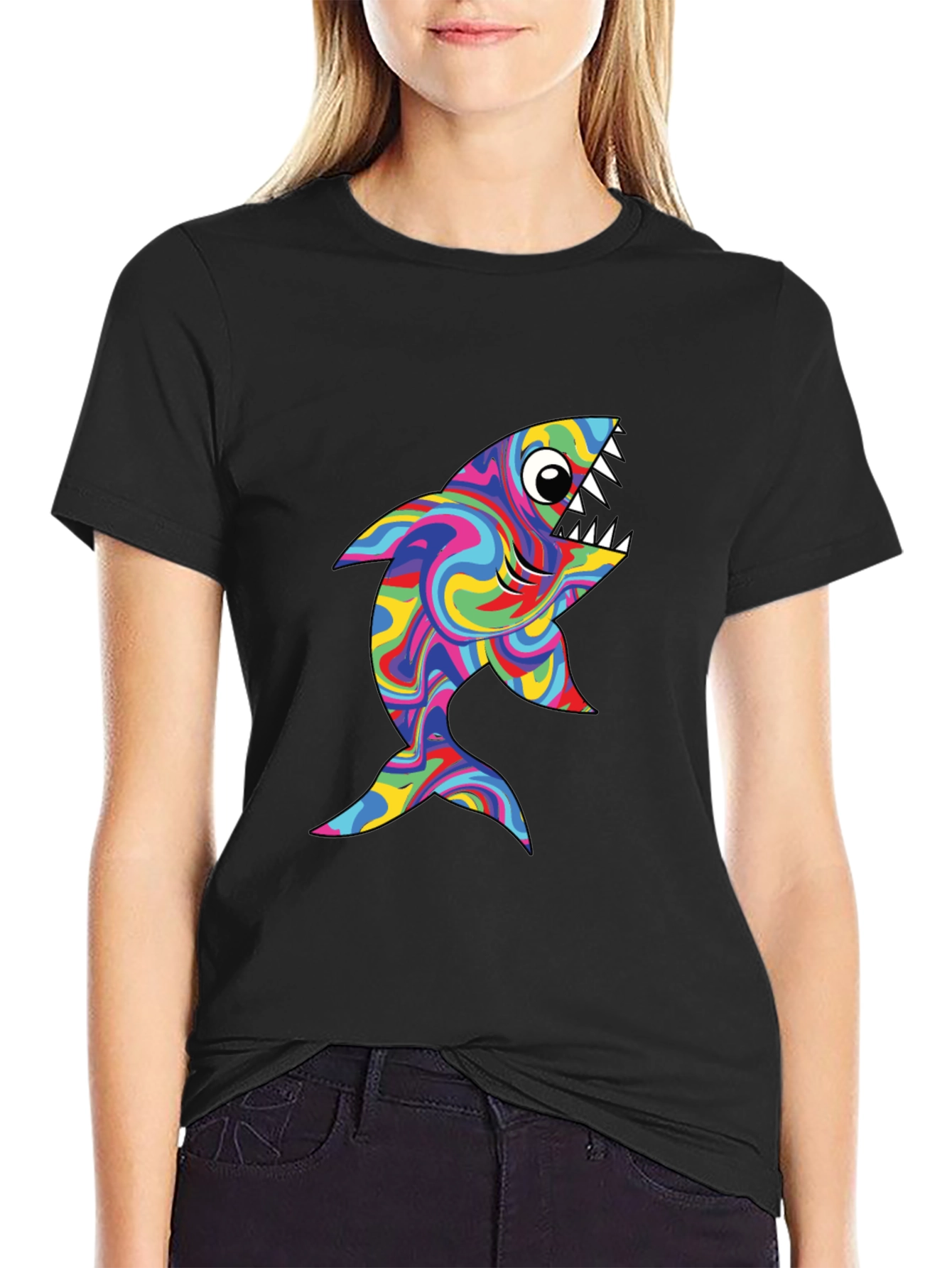 Psychedelic Shark Graphic Tee - Black Cotton T-Shirt