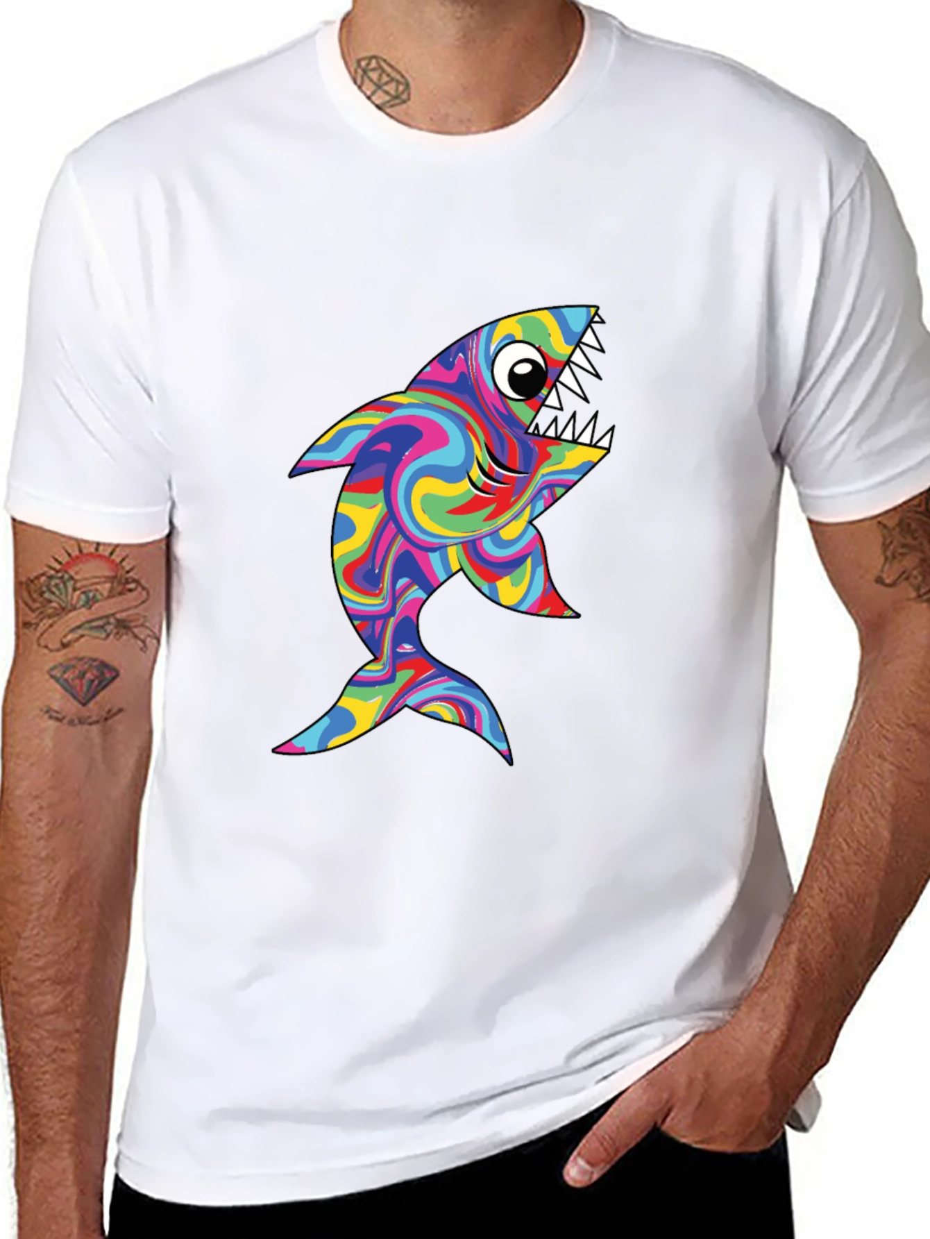 Psychedelic Shark Graphic Tee - Black Cotton T-Shirt