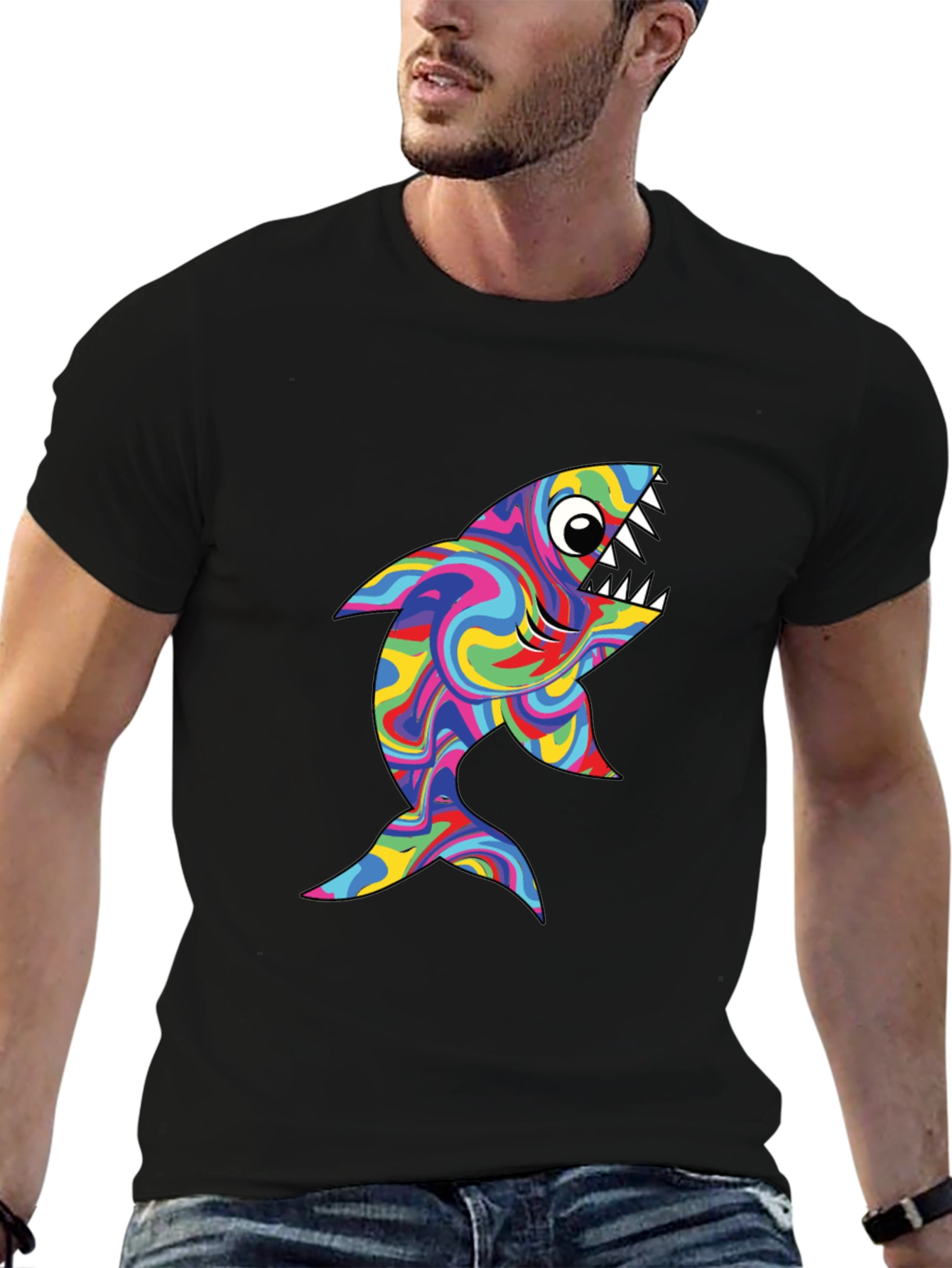 Psychedelic Shark Graphic Tee - Black Cotton T-Shirt