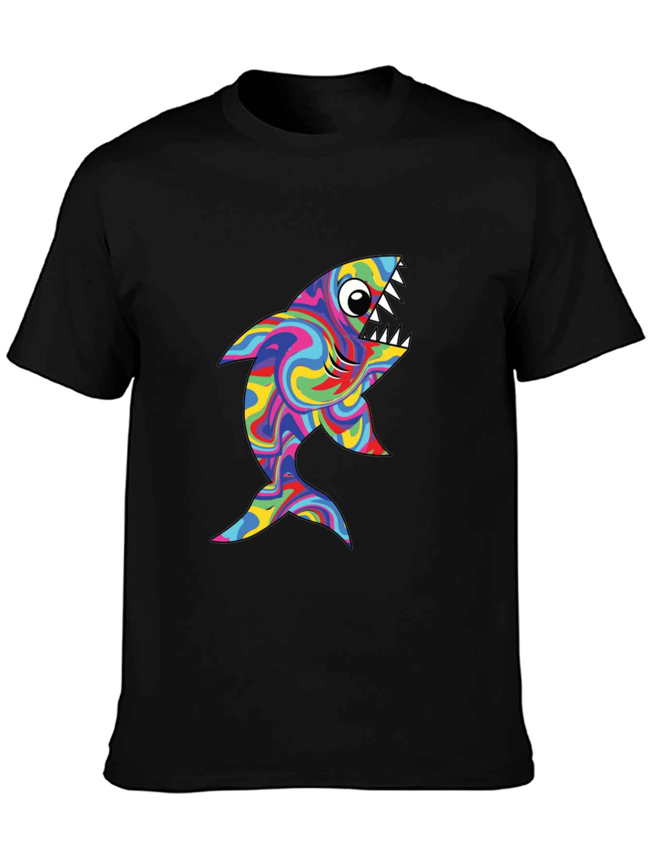 Psychedelic Shark Graphic Tee - Black Cotton T-Shirt