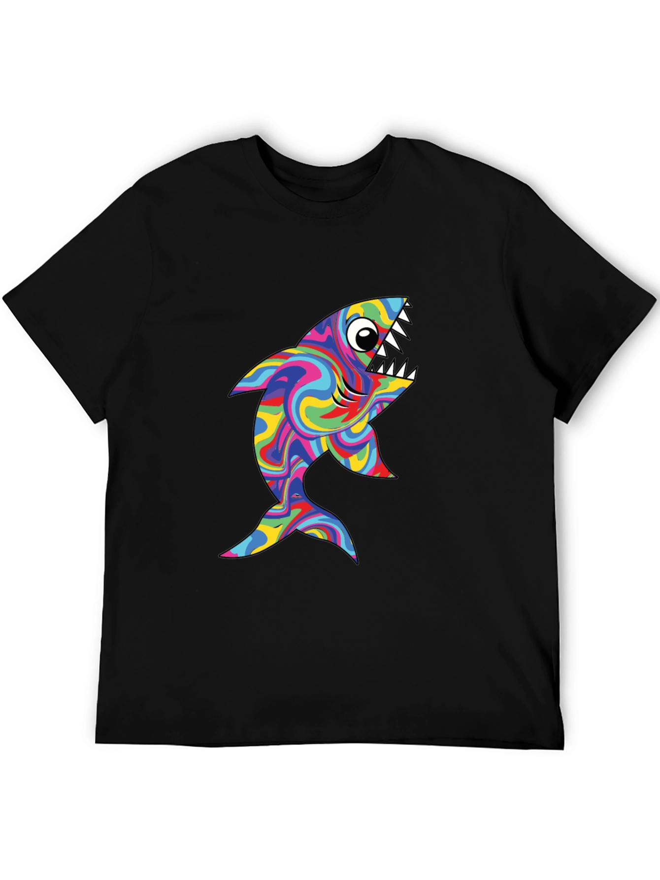 Psychedelic Shark Graphic Tee - Black Cotton T-Shirt