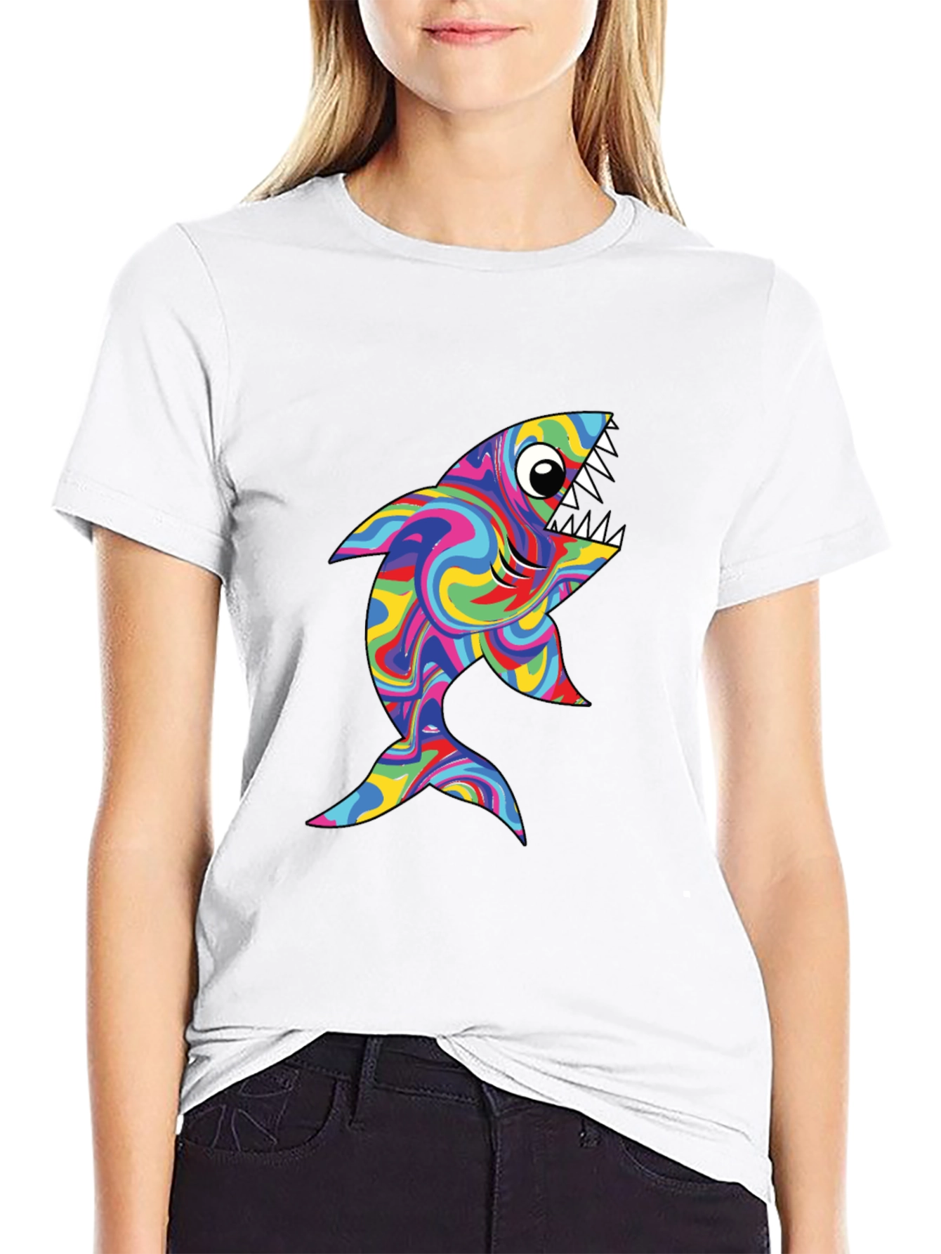 Psychedelic Shark Graphic Tee - Black Cotton T-Shirt