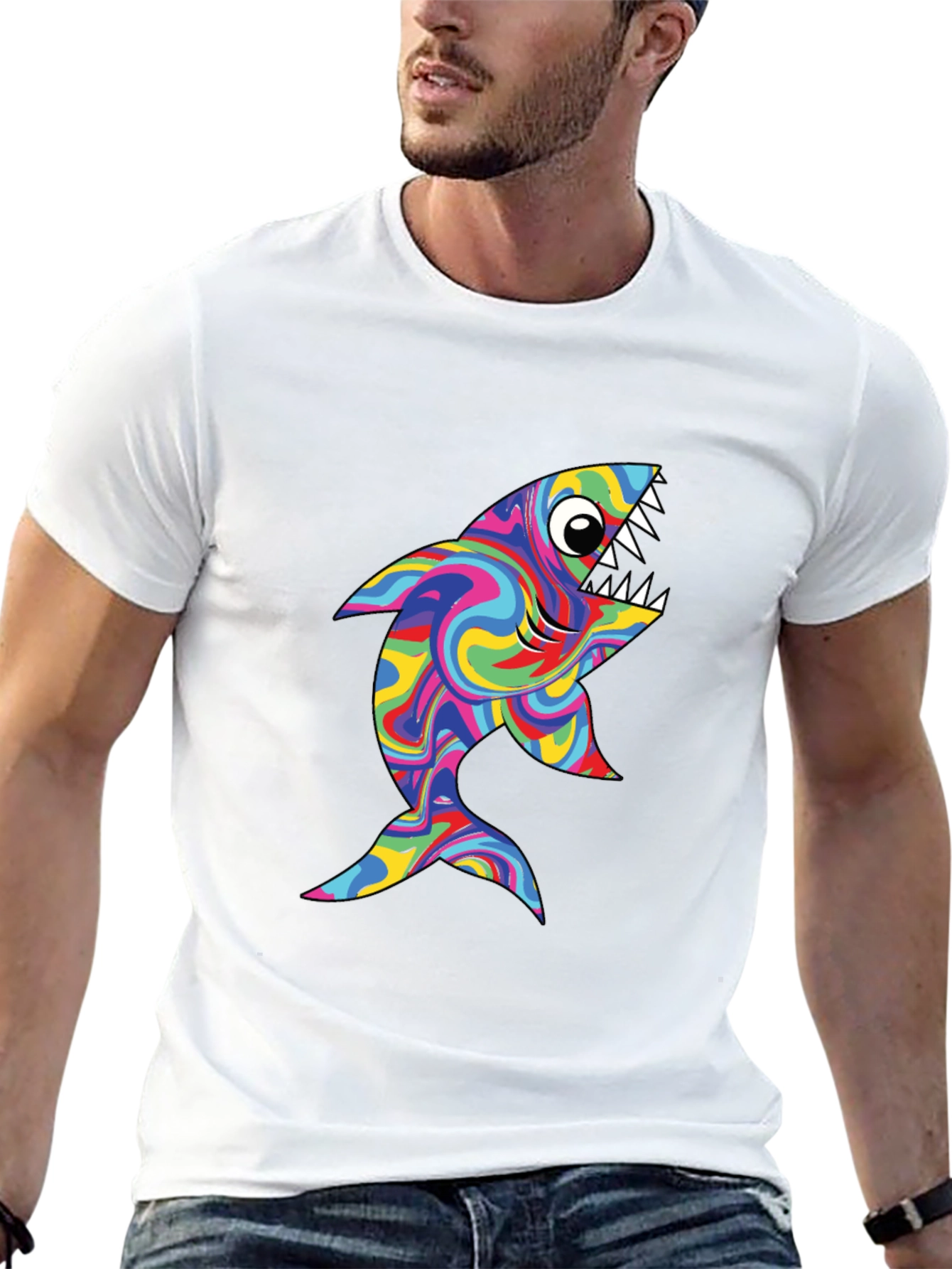 Psychedelic Shark Graphic Tee - Black Cotton T-Shirt