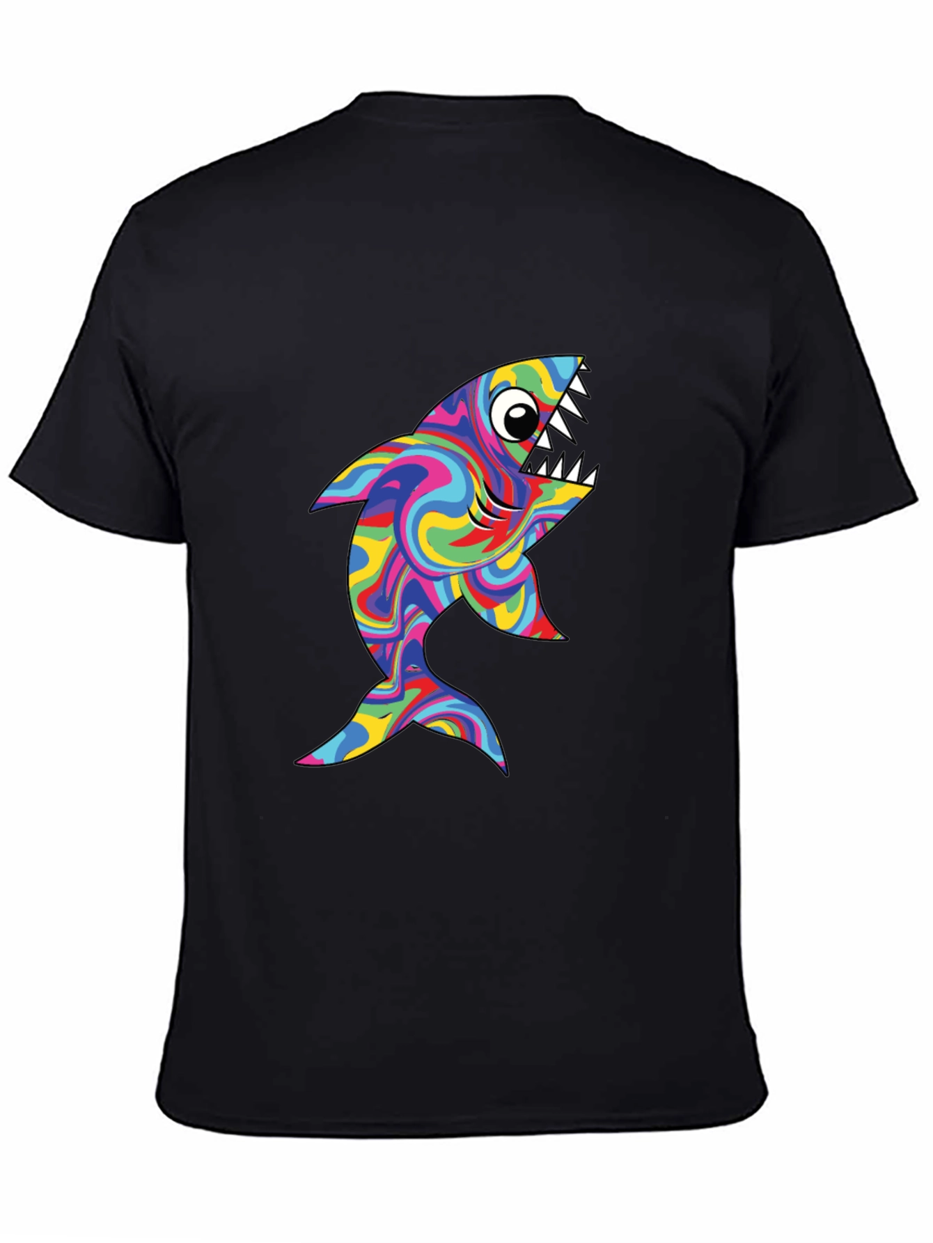 Psychedelic Shark Graphic Tee - Black Cotton T-Shirt