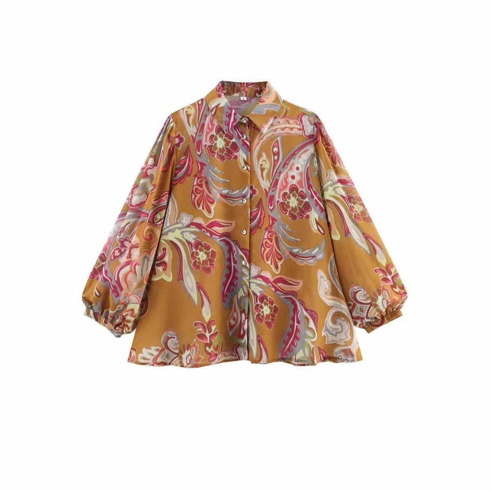 Women's collar long sleeved single breasted printed shirt