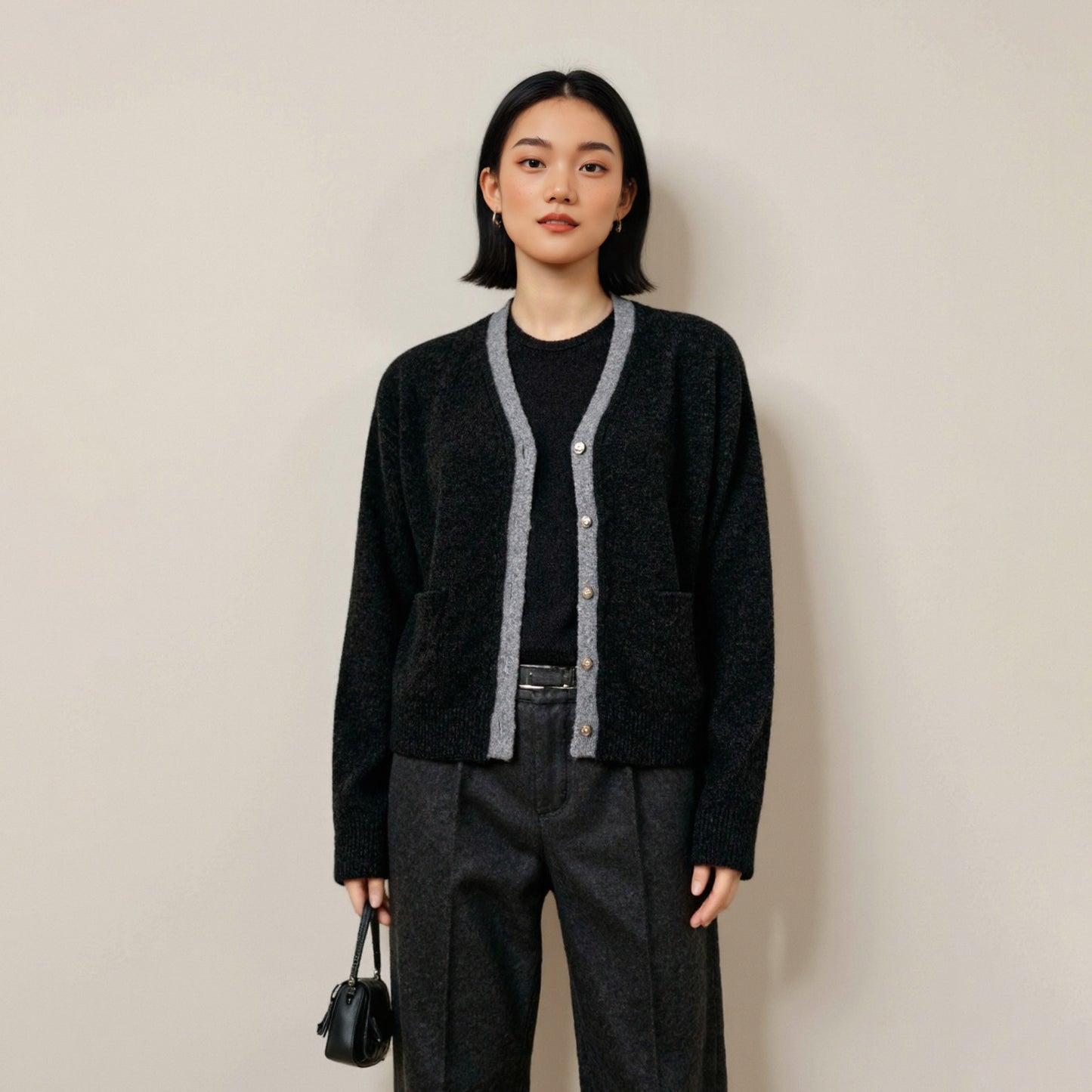 Wool Knit Cardigan Women's Chic Colorblock V-Neck Sweater Coat Loose Top